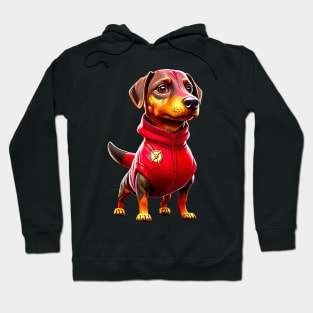 Fast and Fashionable: Dachshund in Red Speedster Suit Hoodie